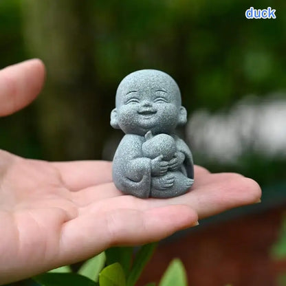 ♫Embracing Animal Monk Statue,Sandstone Finish Zen Baby Buddha Figurine,Mini Spiritual Decor for Home,Office & Garden
