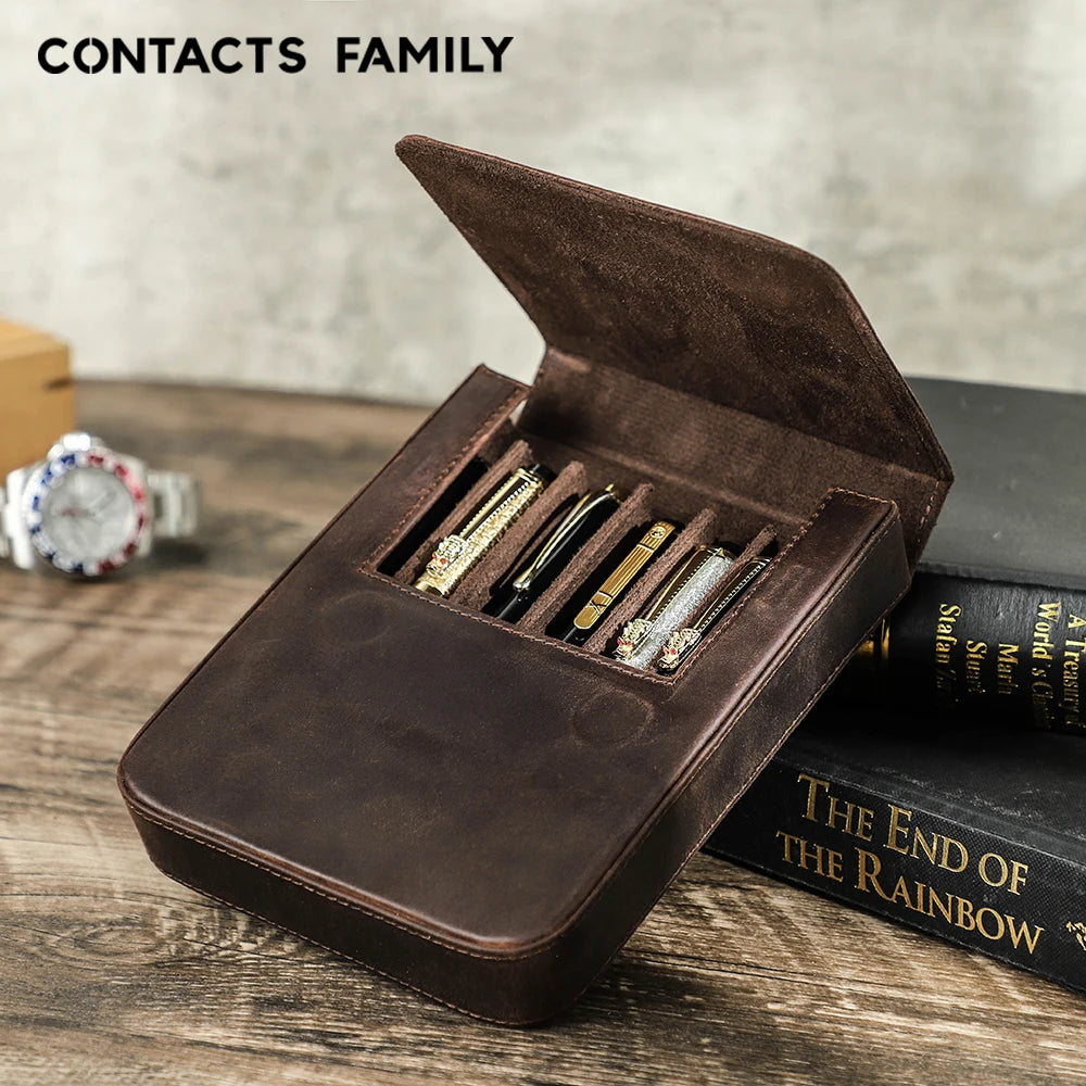 Luxury Genuine Leather 6 Slots Pen Case With Removable Pen Tray Holder Pencil Case Office School Supplies Pouch Creative Gift