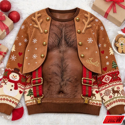 Xmas Sweatshirt Men Funny Cosplay 3D Print Fake Sweater Knit Reindeer Snowflake Pattern Festive Gift New Long Sleeve Sweatshirt