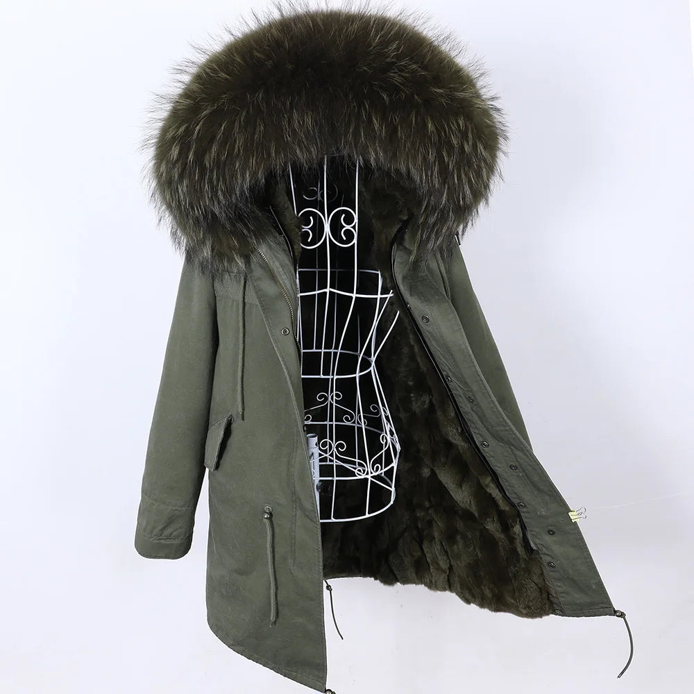 2026 Maomaokong Women's Winter Coats Rabbit Lining Jacket Natural Real Raccoon Fur Collar Parka Fox Fur Long Female Clothing