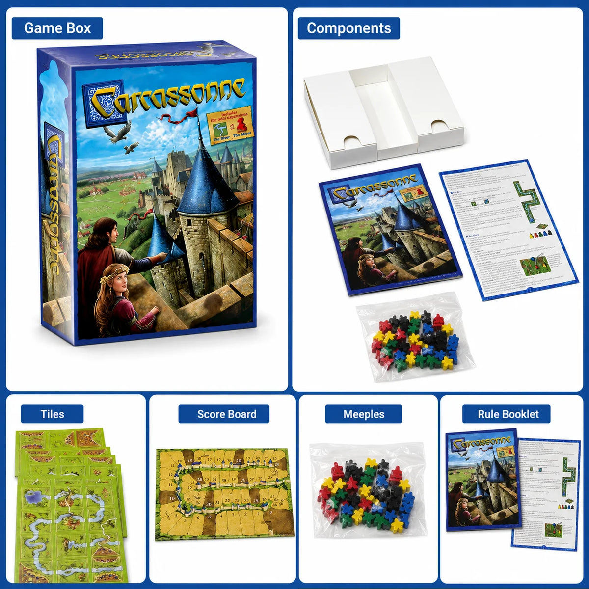 Carcassonne Tile Placement Board Game 48PCS Medieval City Strategy Game with Meeples Scoreboard English Version