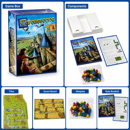 Carcassonne Tile Placement Board Game 48PCS Medieval City Strategy Game with Meeples Scoreboard English Version