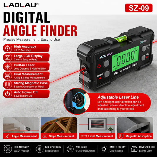 Digital Laser Angle Gauge USB Rechargeable High Precision Inclinometer & Level Box with Dual-Side Laser Lines Magnetic DIY Tools