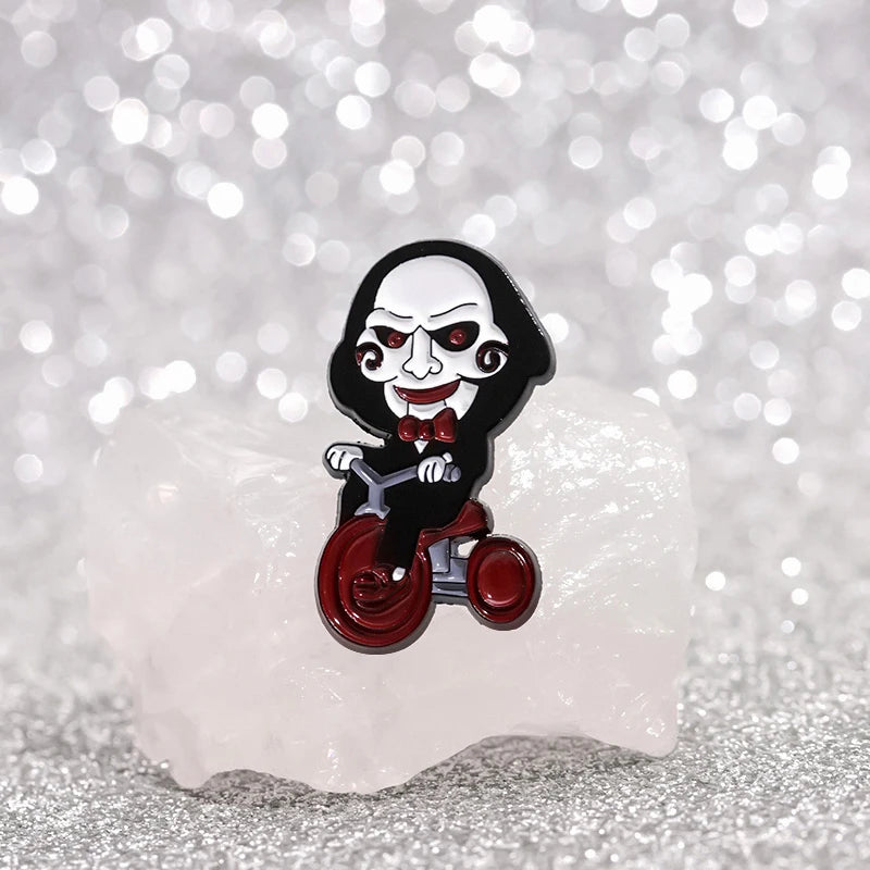 Horror Movie Jigsaw Billy Mechanical Puppet Enamel Pin Clown On Bicycle Halloween Brooch Lapel Badge Jewelry Gift For Friends