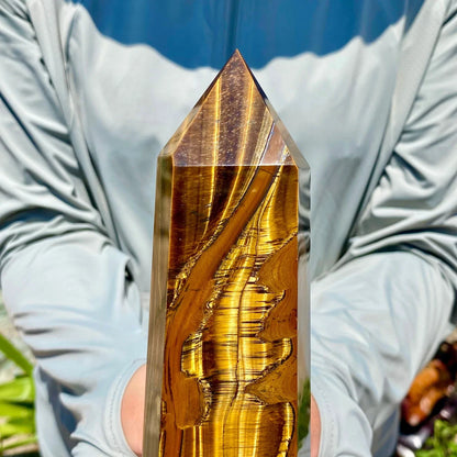 Natural Formed!  Yellow Tiger's Eye Obelisk, Quartz Crystal Tiger's Eye Rock Column, Mineral Point Wand Healing