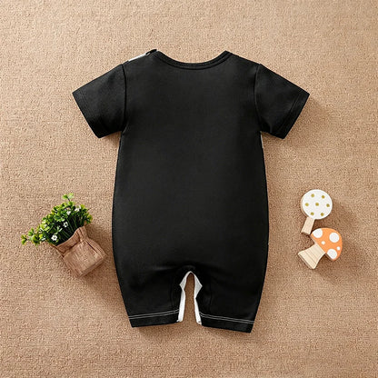 Newborn Baby Unisex Summer Cow Horn Fake Suspender Short Sleeve Spandex Stretch Wrinkle‑Resistant Daily Photo Jumpsuit 0‑18M