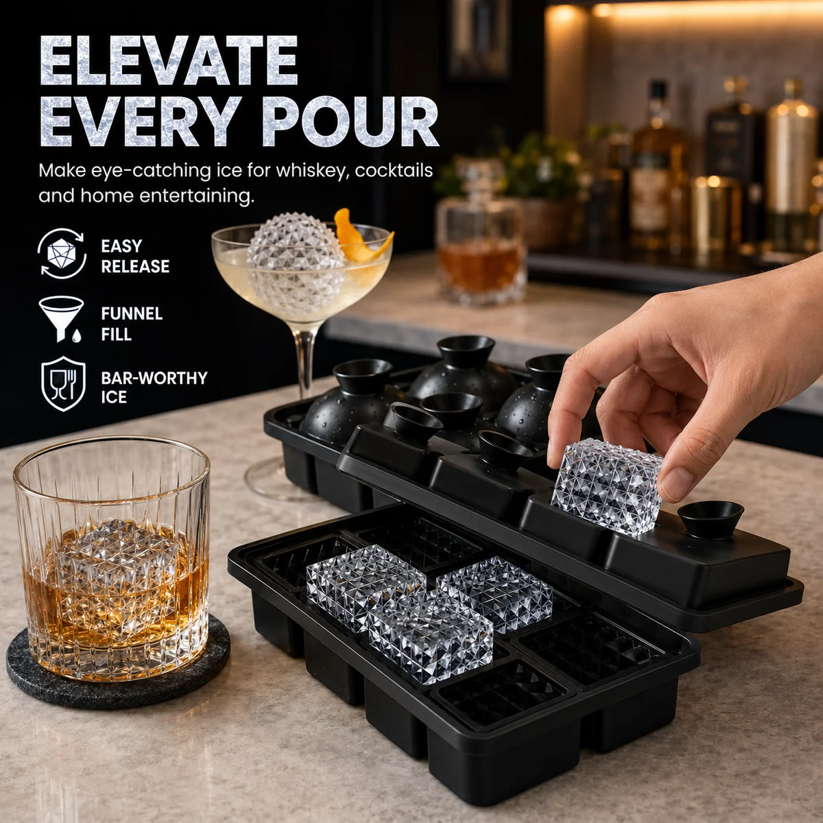 Easy Release Diamond Ice Cube Tray Sphere Ice Mold Food Grade Silicone Ice Molds With Funnel For Slow Melting Coffee Bar Gadgets