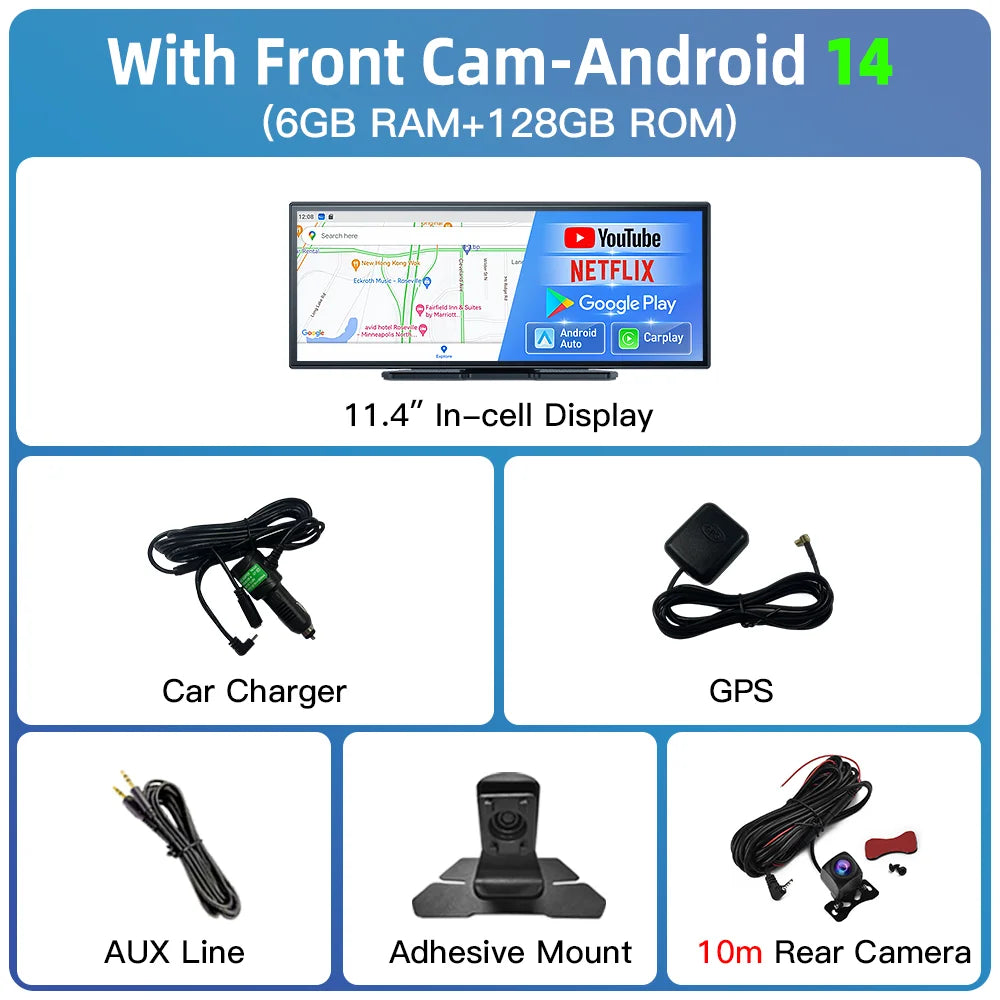 Imagebon 11.4" Android 14 Dashcam 8 Core In-Cell Screen with Wireless CarPlay & Android Auto Youtube Netflix Google Play Car DVR