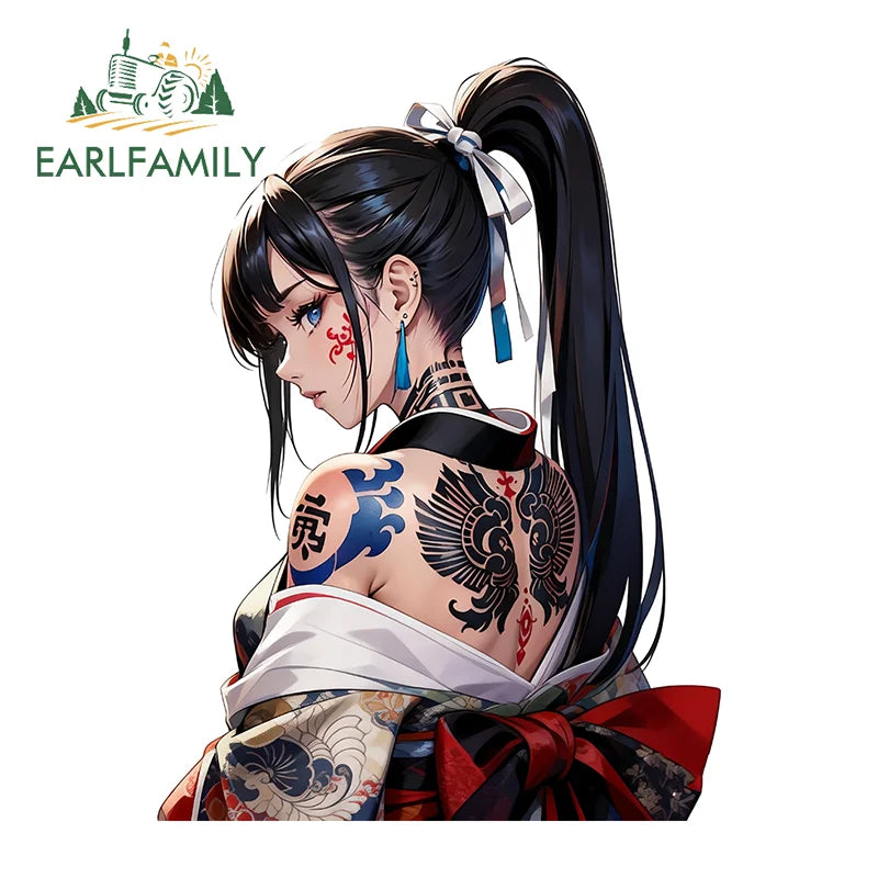 EARLFAMILY Tattooed Geisha Motorcycle Stickers Character Campervan Rear Windshield Decal Simple Practical Sunscreen DIY Car Body