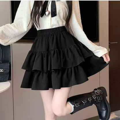 Sweet Cool Kawaii Y2K Puff Mini Skirt Women's Plaid High-Waist Lace Patchwork Bow Casual Dating Skirt  Lolita School Performance