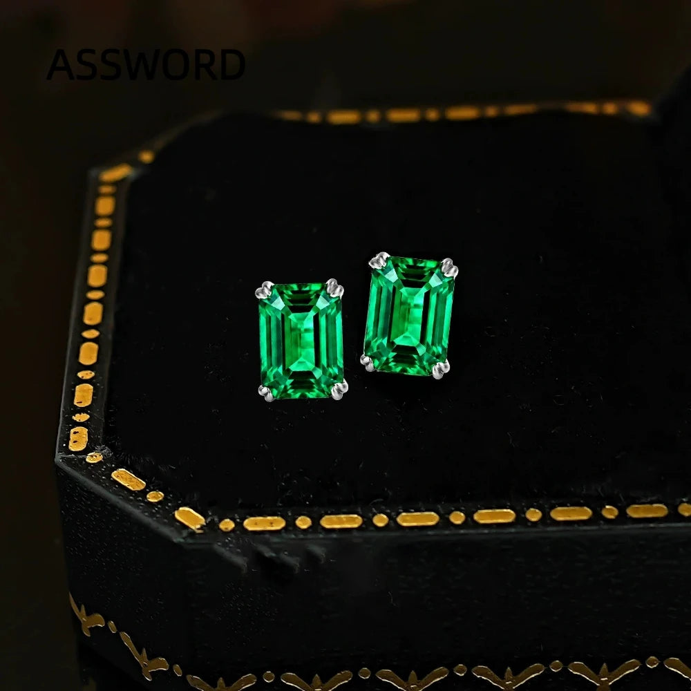 925 Sterling Silver Stud Earrings for Women Blue Sapphire Emerald Color Cubic Zirconia Four Prong Solitaire Earring Jewelry Gift