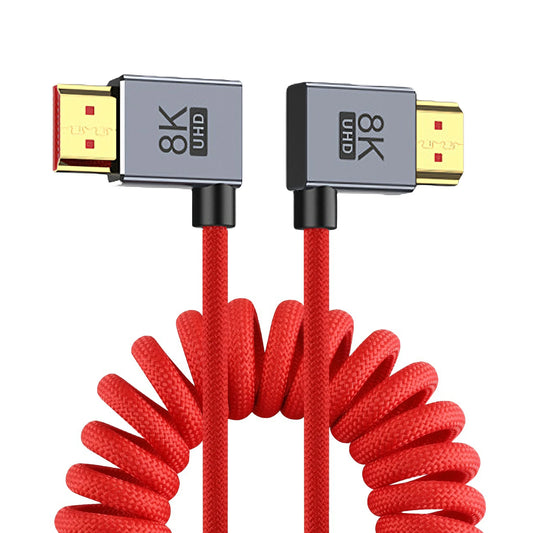 90 Degree HDMI‑Compatible Cable Coiled Spring Braided 8K 60Hz 4K 120Hz 48Gbps Male‑to‑Male Stretch Wire for Camera Field Monitor
