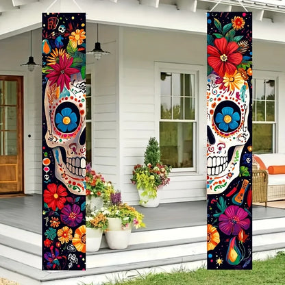 2PCS Mexican Day of The Dead Porch Sign Door And Wall Decoration Couplets Banner for Dia De Los Muertos Celebration Party Supply