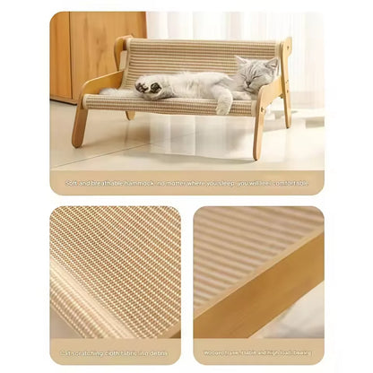 Large Sisal Cat Scratcher Lounge Bed, Off-Ground Breathable Cat Hammock, 2-in-1 Scratch & Rest Sofa, Durable Wooden Frame Cat Be