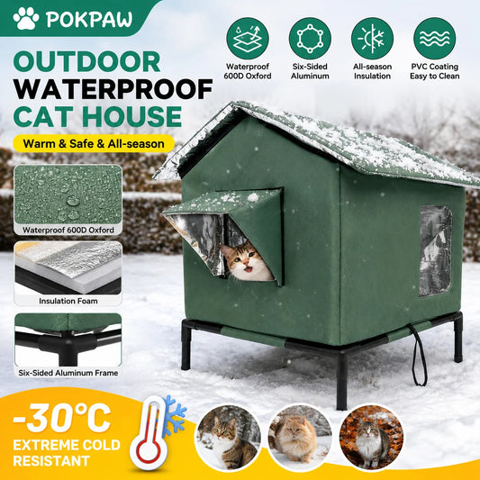 POKPAW Outdoor Cat House Waterproof Insulated Elevated Foldable Pet Shelter Winter Warm 600D Oxford Tent for Small Dogs Cats