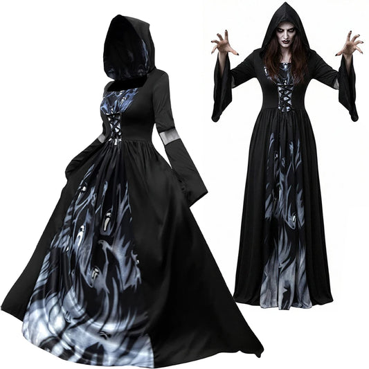 Witch GIET Halloween Costume Vampire Costume Long Hooded Fitted Dresses Carnival Gothic Style Christmas Birthday Party Dress