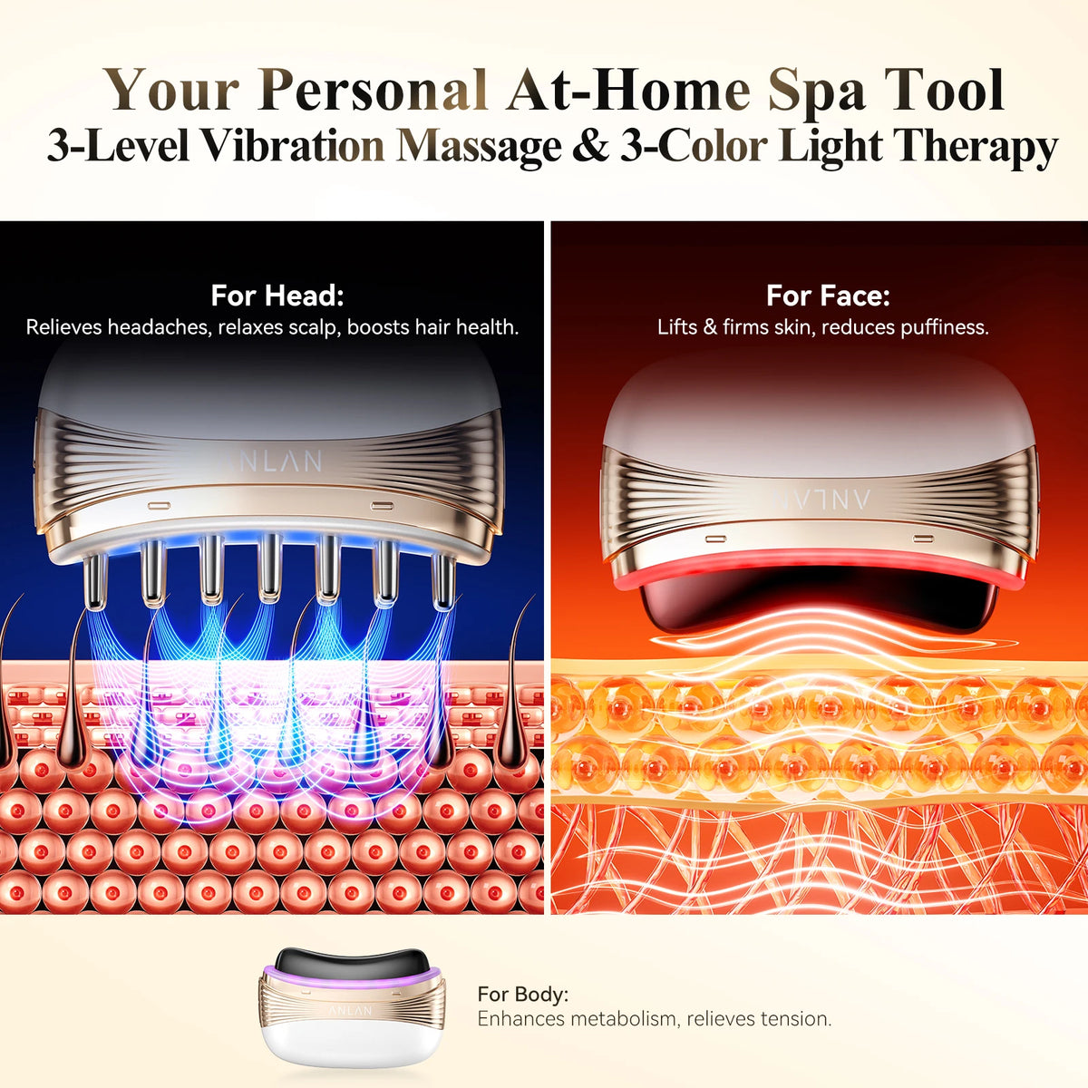 ANLAN 2 In 1 Gua Sha Massager Natural Jade Massage Head 3-Color LED Skincare Microcurrent Scalp Care Vibration Massage Comb