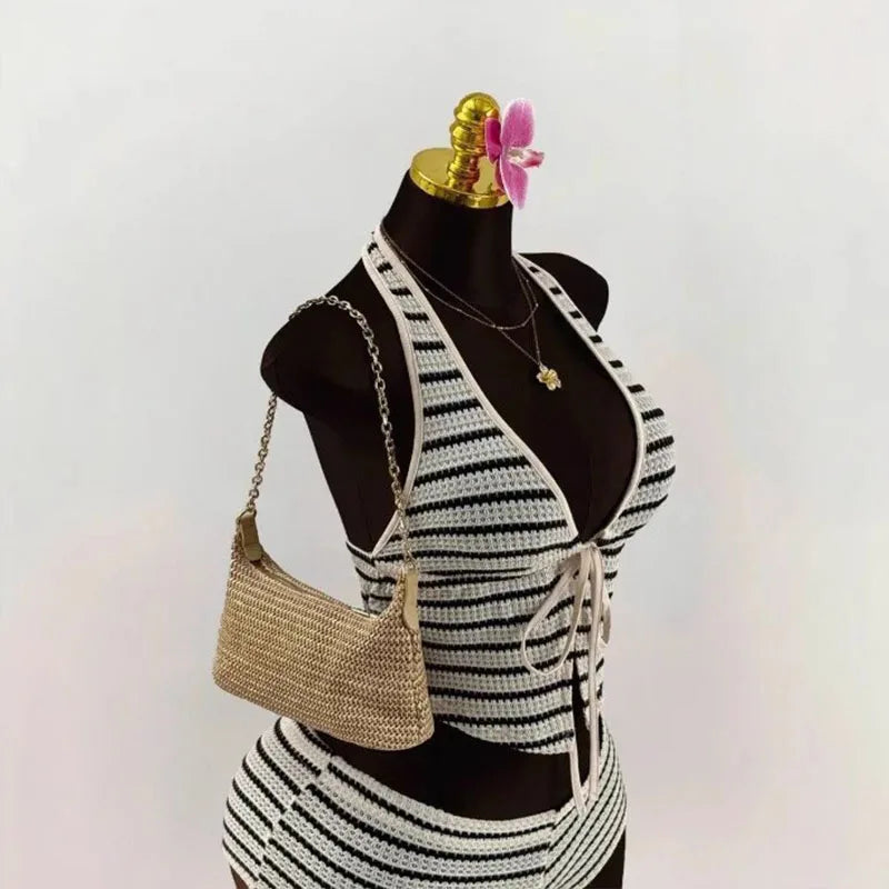 Summer Seaside Beach Vacation Style Knitted Lace up Slim Fit Halterneck Vest Half-Length Shorts Two-Piece Set for Women sexy sty