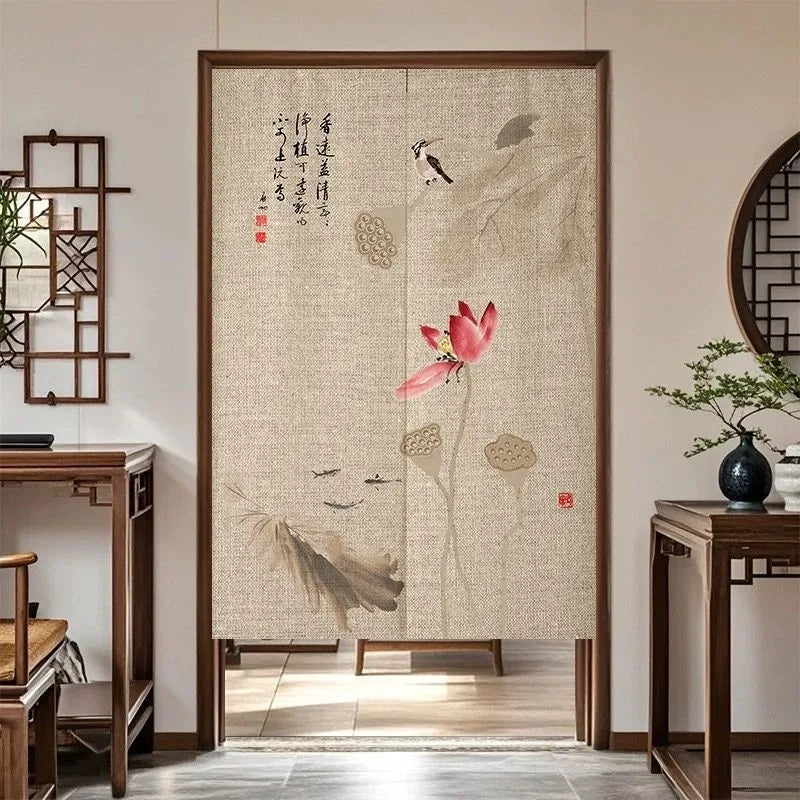 VIKAMA Chinese Zen Style Noren Door Curtain - Linen Texture Noren Curtain for Home Bedroom Kitchen Partition Decor