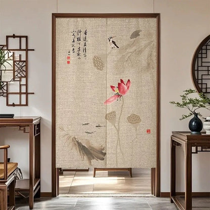 VIKAMA Chinese Zen Style Noren Door Curtain - Linen Texture Noren Curtain for Home Bedroom Kitchen Partition Decor