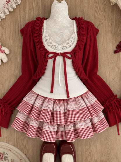 Sweet Lolita Lace Up Ruffles Cardigan+ Sexy Slim Fit Strapless Vest Tops+ High Waist Ruched Skirts Early Autumn Three Piece Sets