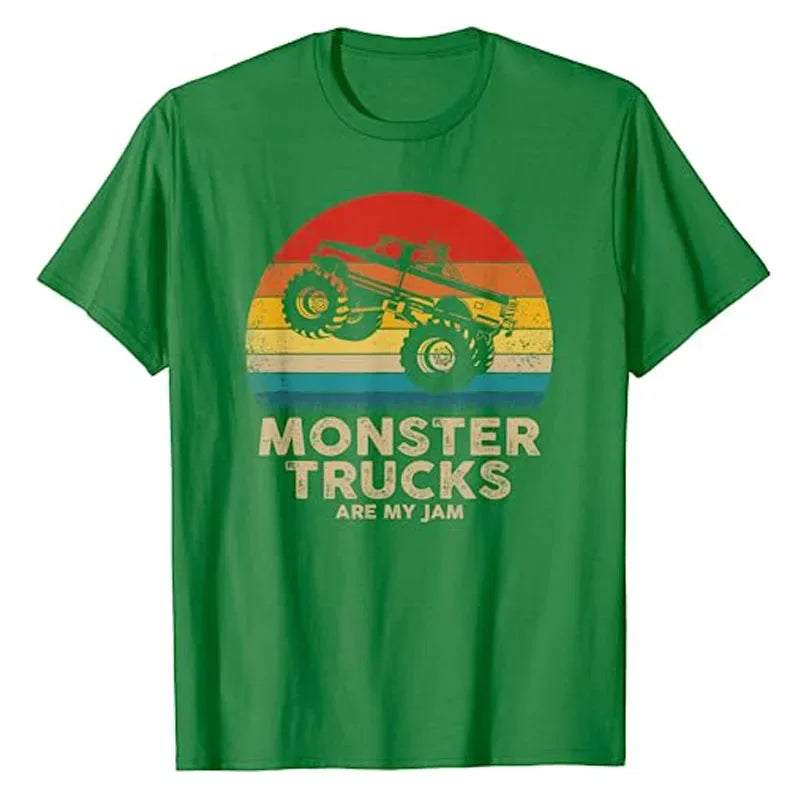 Monster Truck Are My Jam Vintage Tees Retro Sunset Cool Engines T-Shirt Monster Truck Car for Birthday Boy Sons Gifts Cute Tops