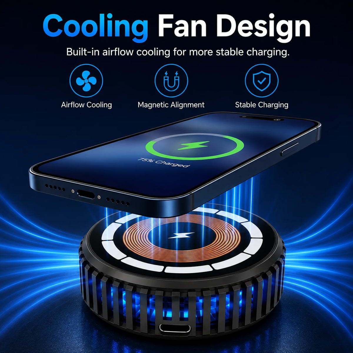 15W Magnetic Wireless Charger with Cooling Fan, Type C Pad for iPhone 17 16 15 14 and Samsung Galaxy S26 S25 with Magnetic Case