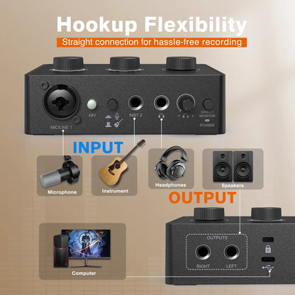 FIFINE Sound Mixer for Condenser Microphone with Gain Knob, Audio Interface with 48V Phantom Power for XLR Mic Podcast-Ampli1