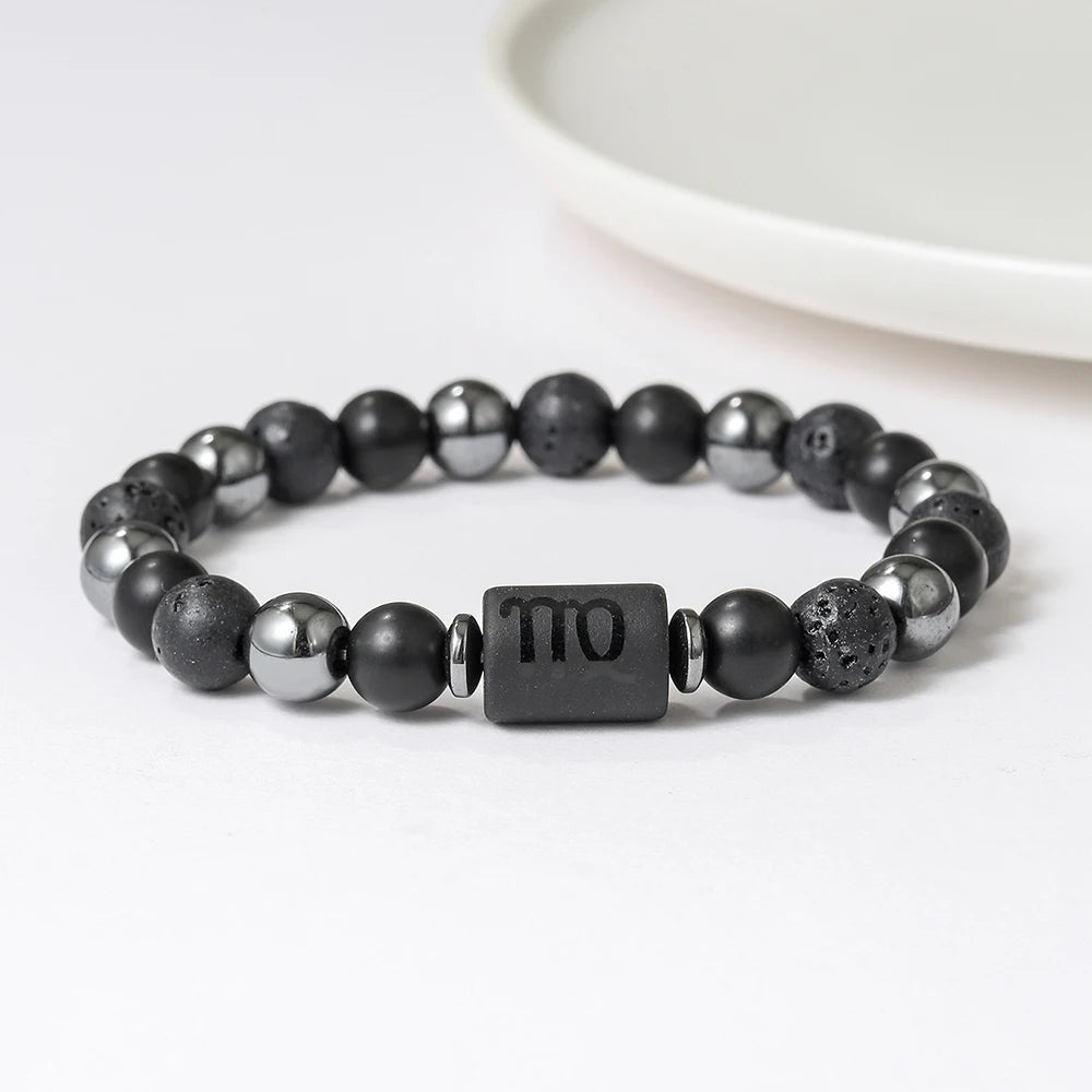 New Arrival 12 Zodiac Energy Bracelet Natural Volcanic Stone Black Retro Handmade Couple Beaded Jewelry
