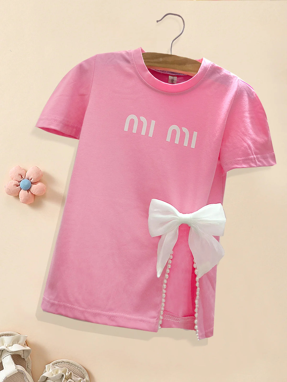 Summer Kids Girls T-shirt Letter Printing Bow Split Loose Long Children's T-Shirt Tops For 3-12 Years Girl Clothing