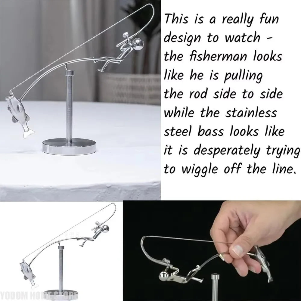 Handmade Kinetic Fishing Sculpture Metal Gift The Fisherman Balancing Sculpture Desk Statue for Fishman Lovers Crafts Figurines