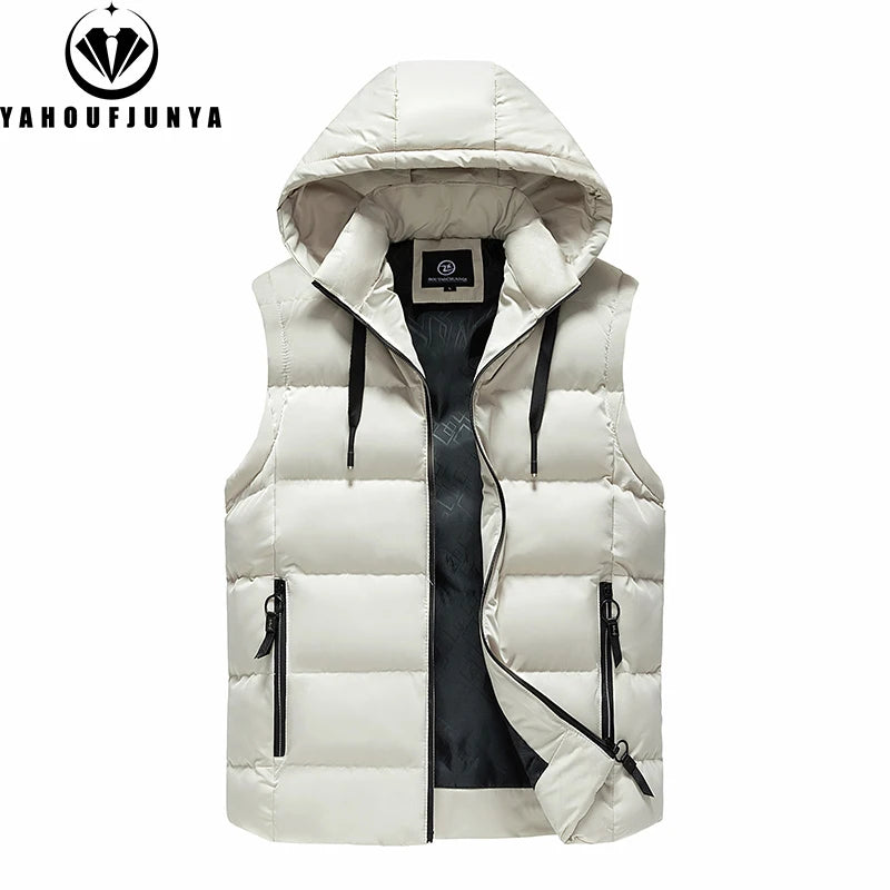 Men Autumn Sleeveless Outdoors Casual Solid Warm Vest Men Winter Detachable Hooded Fleece Pocket Zipper Fashion Vest Male Coat