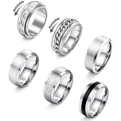 Bobisty 6Pcs Mens Rings 316L Stainless Steel for Men Women Vintage Thumb Engagement Ring Wedding Band Fidget Ring Set Jewel Gift