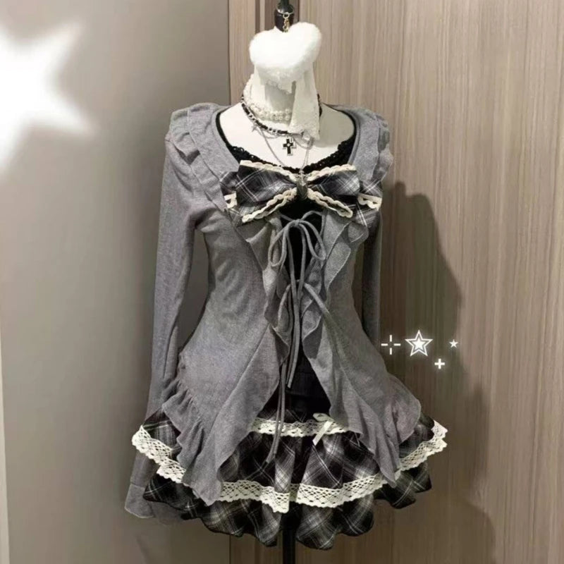 Sweet Lolita Lace Up Ruffles Cardigan+ Sexy Slim Fit Strapless Vest Tops+ High Waist Ruched Skirts Early Autumn Three Piece Sets