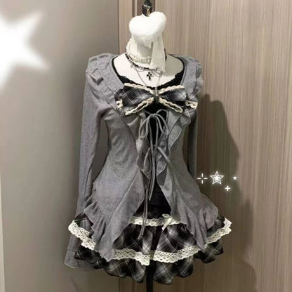 Sweet Lolita Lace Up Ruffles Cardigan+ Sexy Slim Fit Strapless Vest Tops+ High Waist Ruched Skirts Early Autumn Three Piece Sets