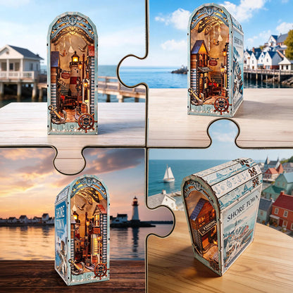 NEW DIY Wooden Shore Town House Book Nook Shelf Insert Kits Miniature Model Kit Bookend for Friends Birthday Gifts