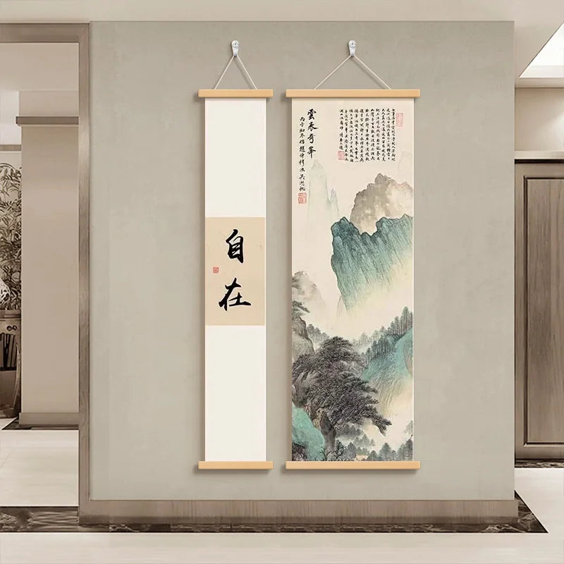 New Chinese Zen Tapestry Wall Hanging She De Calligraphy Ink Landscape Art for Study Tea Room Corridor Room Decoration