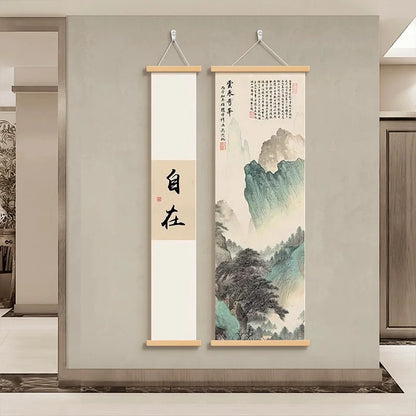 New Chinese Zen Tapestry Wall Hanging She De Calligraphy Ink Landscape Art for Study Tea Room Corridor Room Decoration