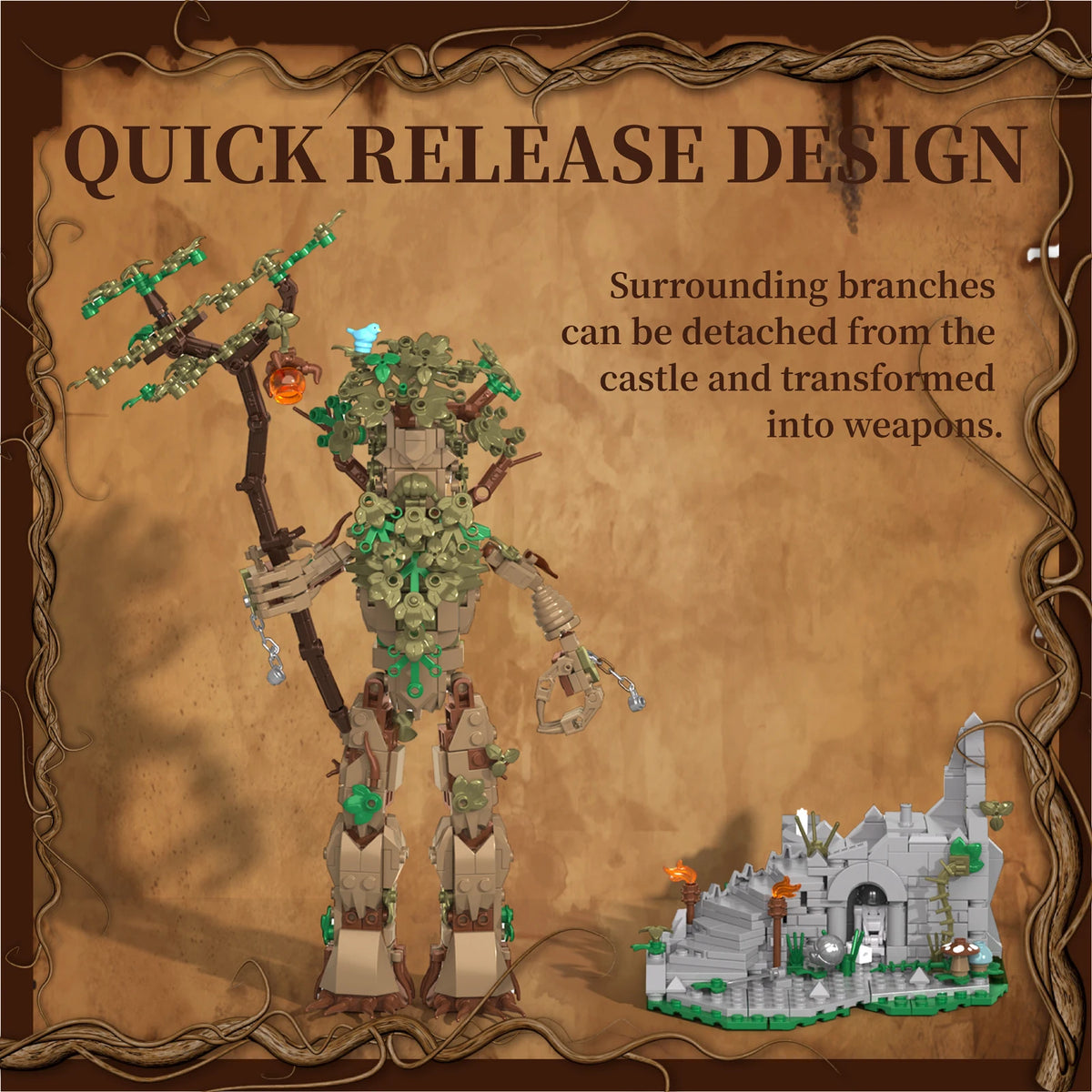 942pcs Arboreal Keep Building Blocks Ancient City Sophora Tree Spirit Tree Person Mythological Figures Model Kids Toy Ideal Gift