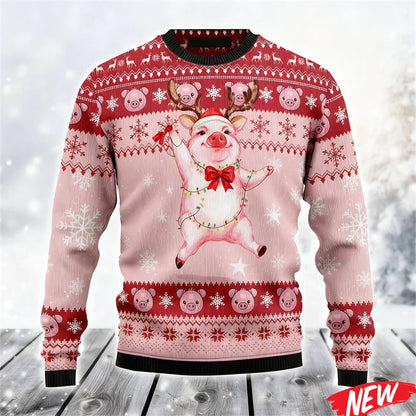 2026 Ugly Christmas Sweater For Men Cute Animal Pig Pattern Oversized Sweatshirt Family New Year Holiday Round Neck Hoodie