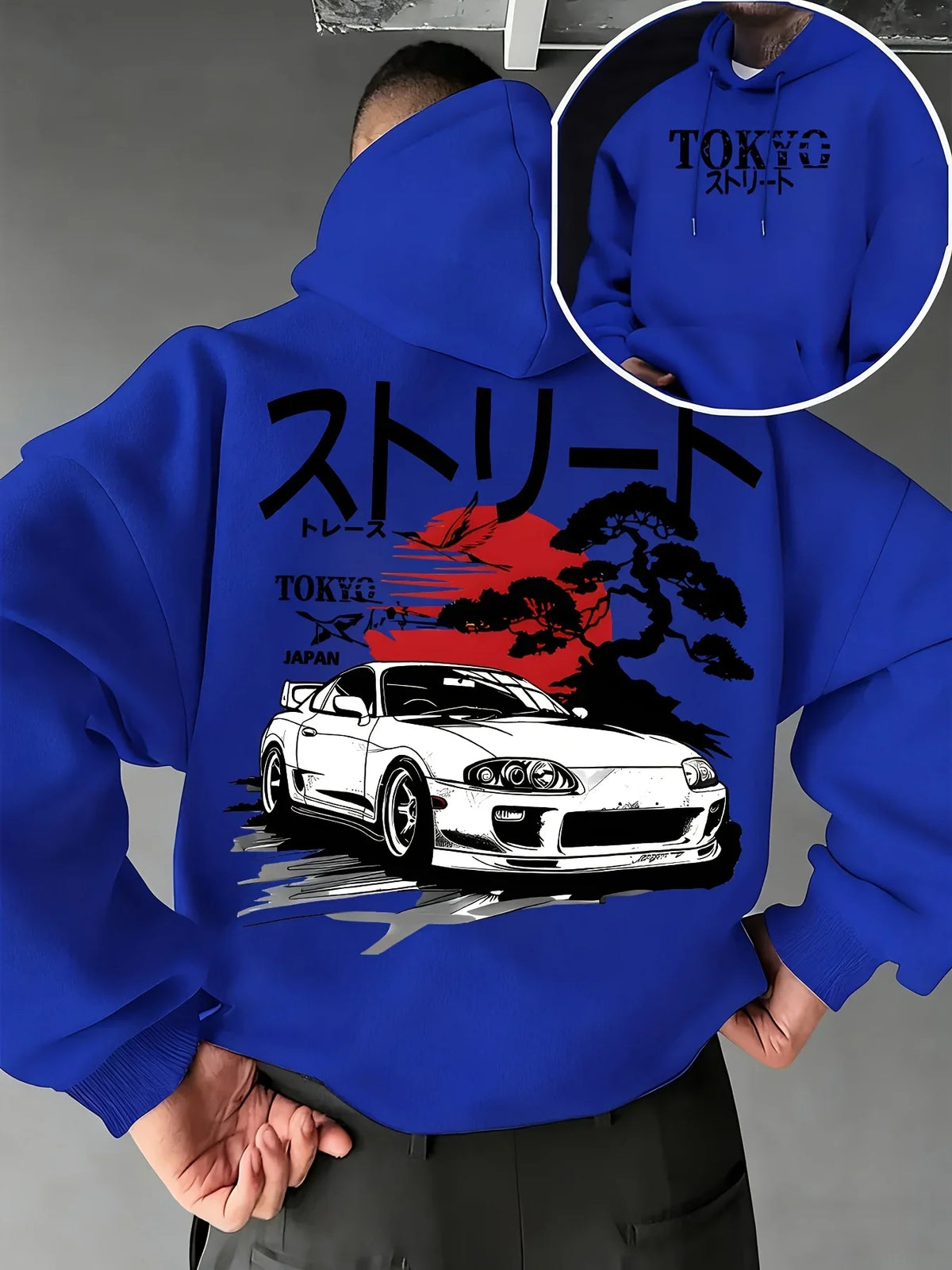 Men Oversized Hoodie JDM Supra Car TOKYO Japan Bonsai Sun Print Pullover Sweatshirt Autumn Winter Japanese Harajuku Street Tops