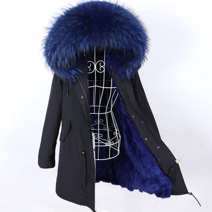 2026 Maomaokong Women's Winter Coats Rabbit Lining Jacket Natural Real Raccoon Fur Collar Parka Fox Fur Long Female Clothing