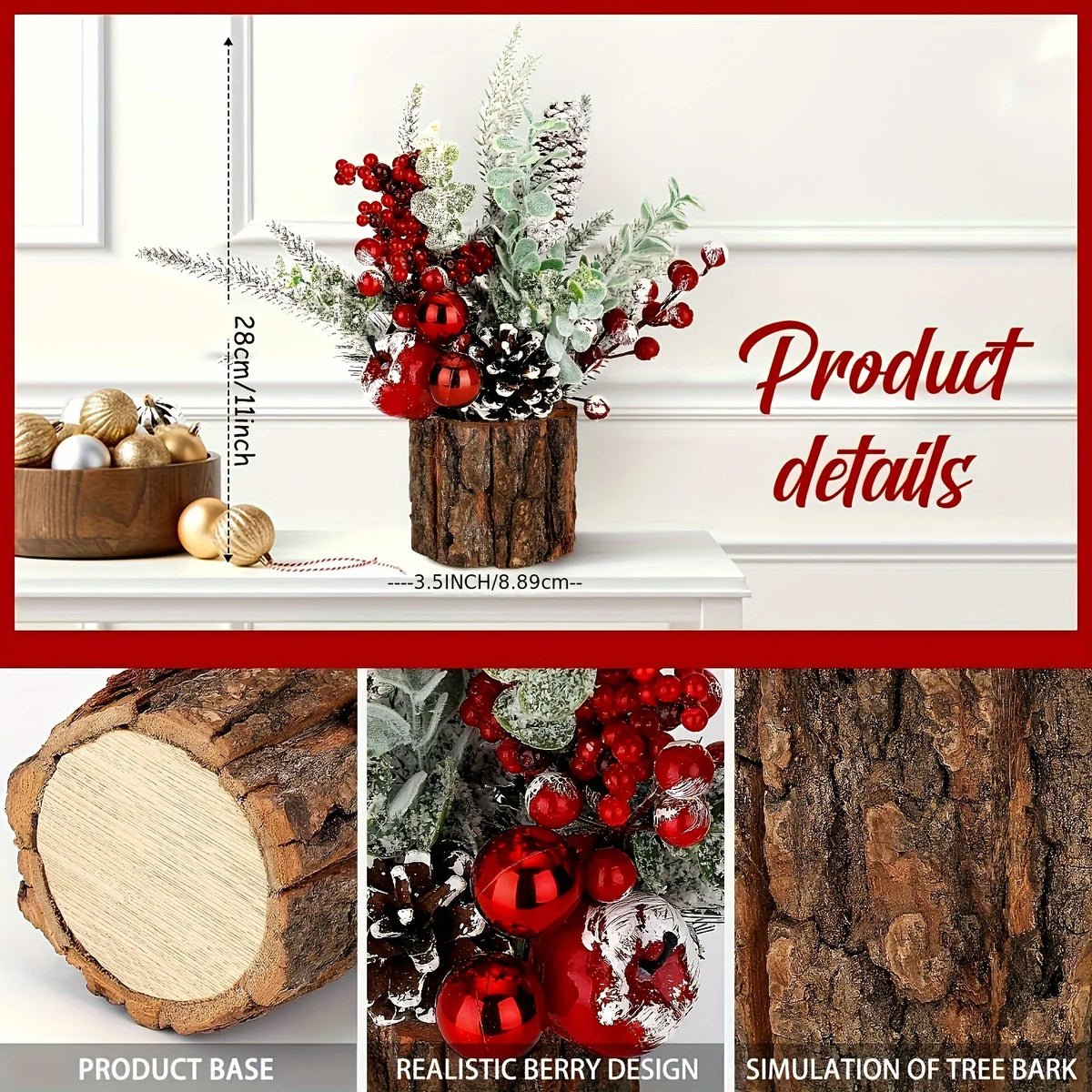 Charming Mini Christmas Tree with Red Berries & Pine Cones-Perfect for Tabletop,Fireplace Mantel Decor |Classic Holiday Ornament