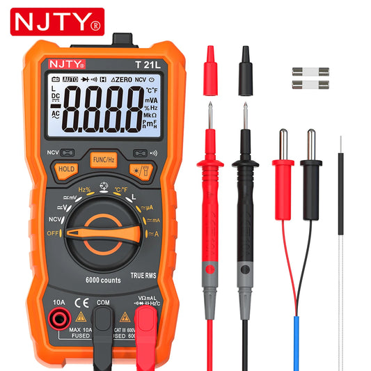 NJTY T21 Professional True RMS Digital Multimeter 6000 Counts True-RMS Auto/ Manual Range AC/DC Voltage Anti-Burn Voltmeter