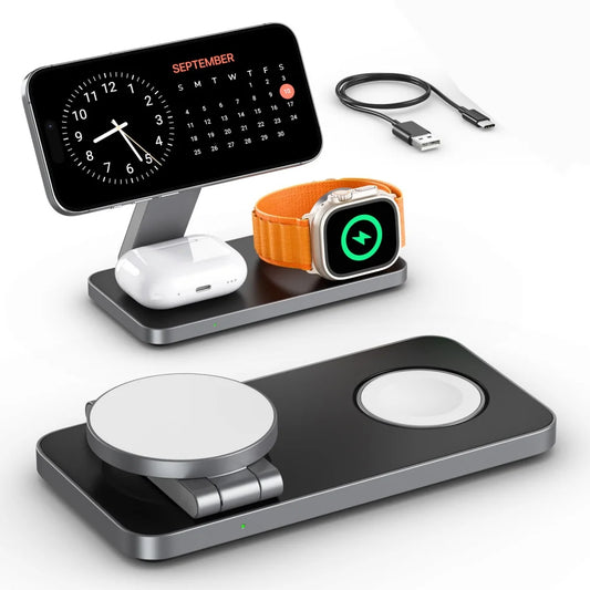3-in-1 Charging Station for Apple Device,Qi2 25W Magnetic Wireless Foldable Fast Charger Stand MagSafe for iPhone Air/17/16/15