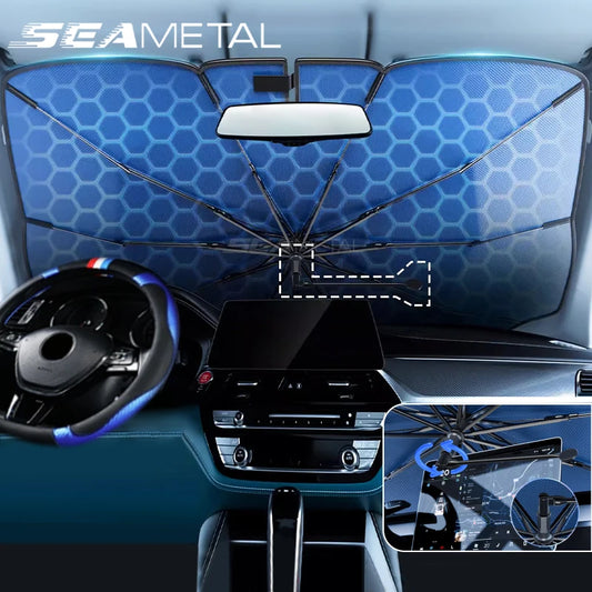 SEAMETAL Upgraded Windshield Sun Shade for Car Heat Insulation Sun Protection Cover UPF50+ UV Blocking Auto Sunshade Umbrella