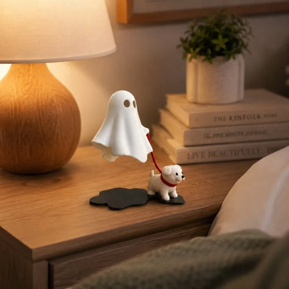 Ghost Walking Puppy Halloween Figurine, Cute White Dog and Ghost Tabletop Decor for Desk, Shelf, Office, Bedroom and Home & Gift