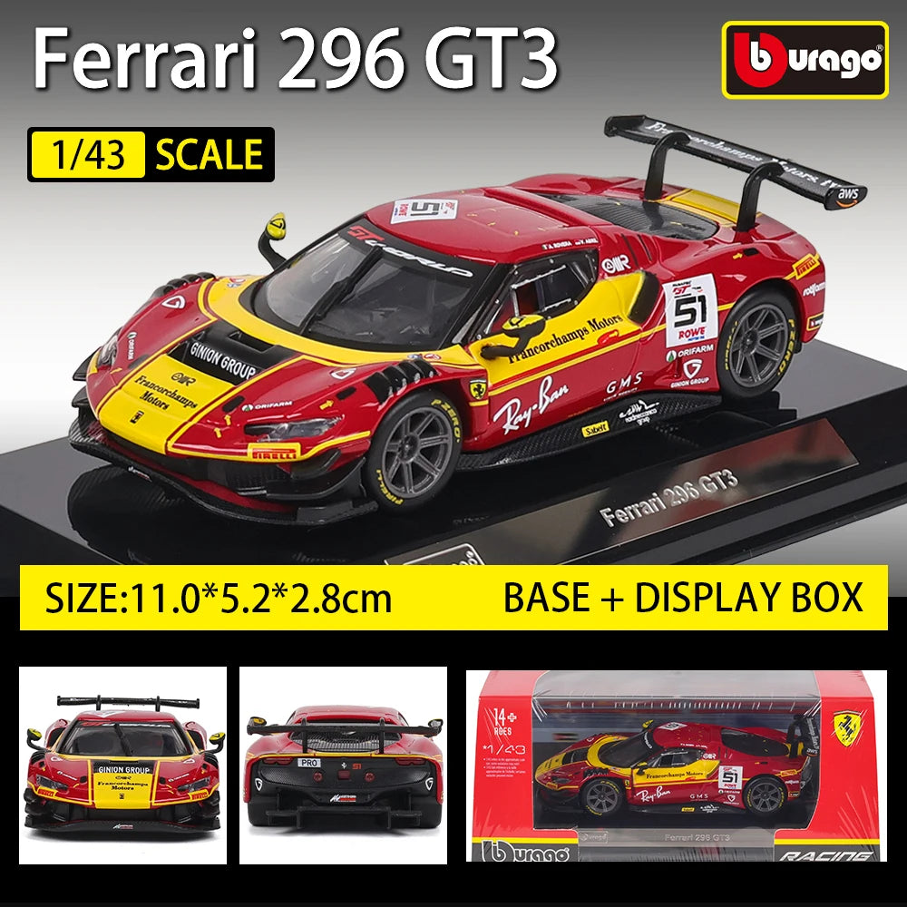 Bburago 1:43 296 GT3 racing Alloy die-casting car model toy WEC 24h Le Mans Hypercar 2025 Ferrari 499P No.83 Ye Yifei FIA WEC