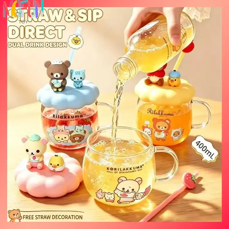 Rilakkuma Glass Water Cup With Lid Straw High Temperature Resistant Cute Cartoon Drinking Mug For Office Home Daily Use