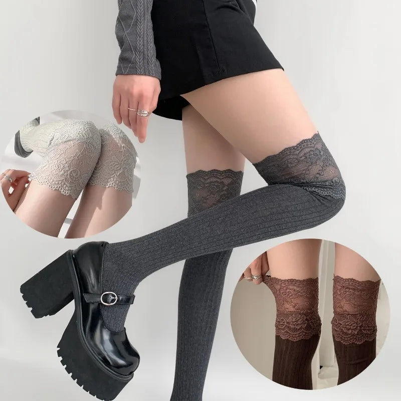 Women's Lace Trim Over the Knee Socks Lolita Ruffle Top Thigh High Stockings Japanese Style Knit Long Socks Casual Slouch Socks